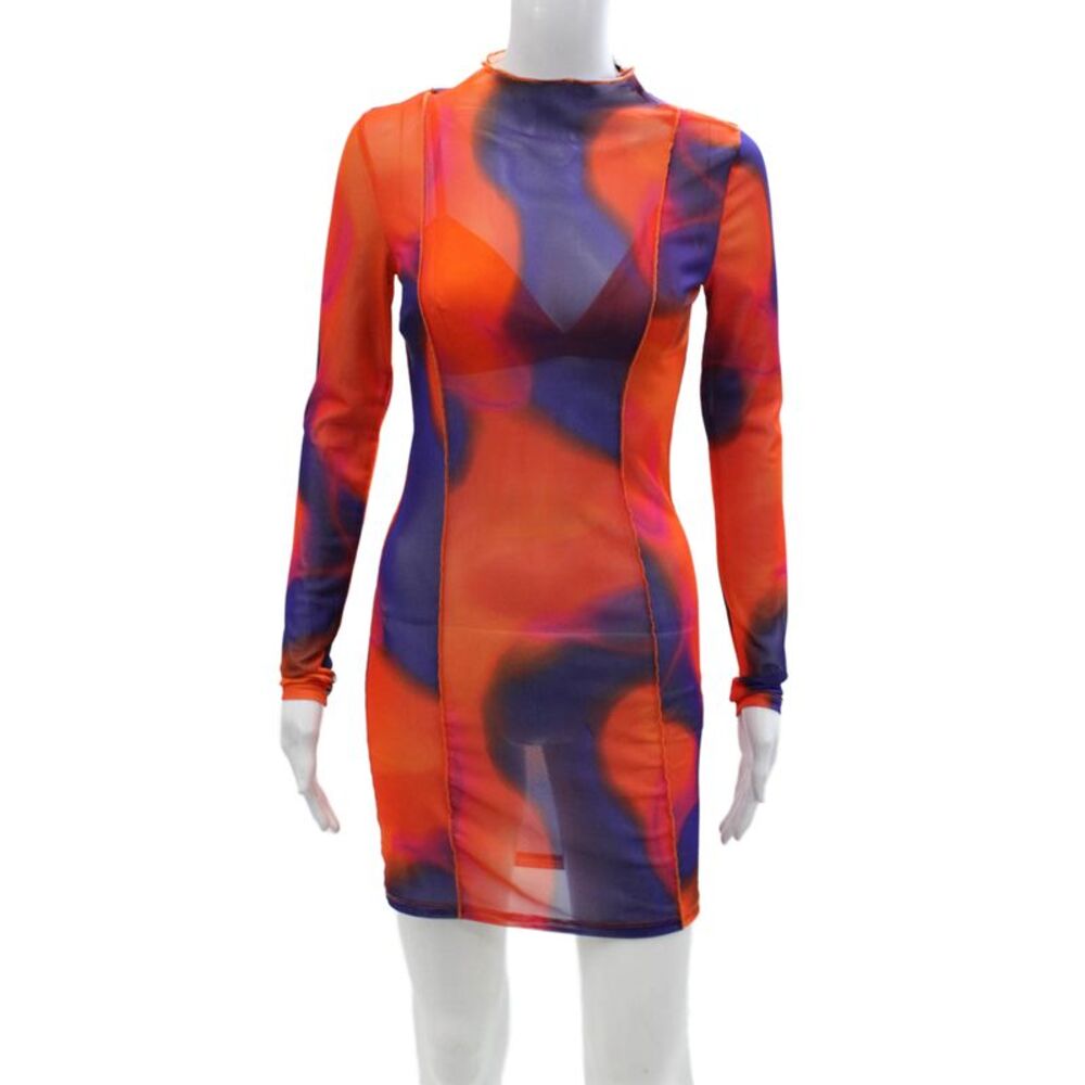 Hours Women Bodycon Mini Dress Orange Mock Neck Long Sleeve Size XS